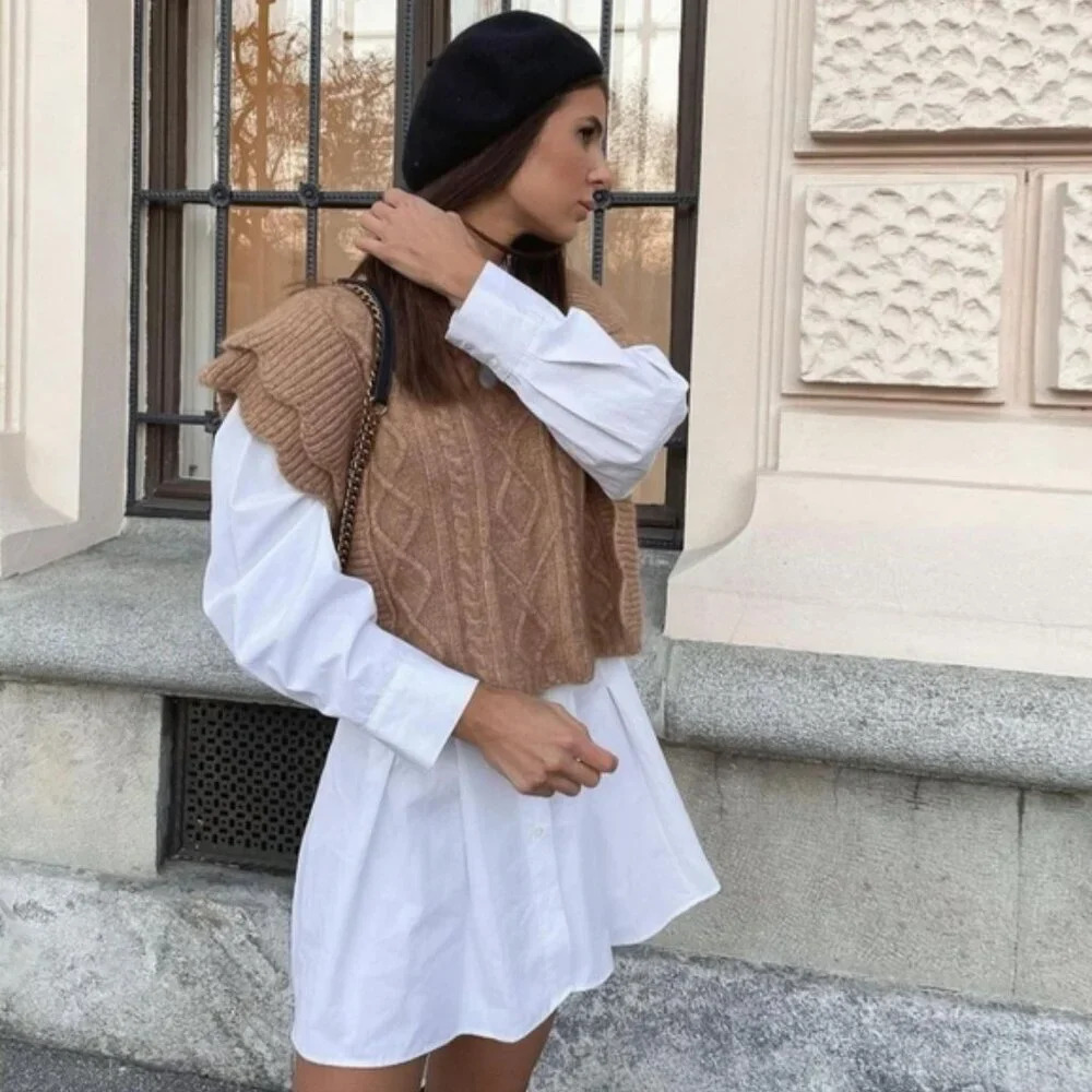 Zara  Cable Knit Ruffle Sweater Vest Alpaca Wool Blend Tan NWT Size Medium - Picture 2 of 10